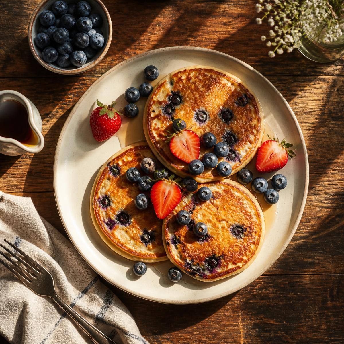 Blueberry pancakes with fresh berries and maple syrup on a rustic table